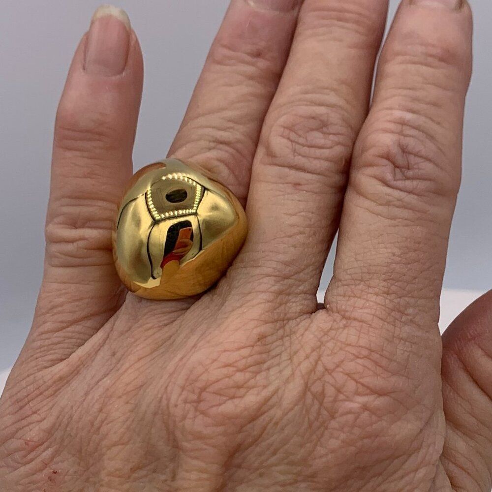 Ring new, tags, adjustable, stainless steel gold coloured, large irregular dome